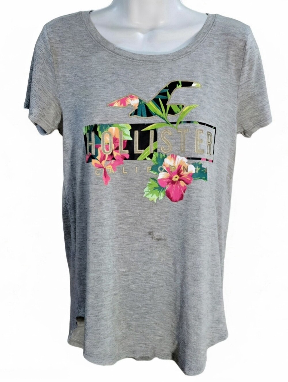 Hollister Gray Tropical Hibiscus Seagull Graphic Tee Gold Foil Accent Top XS